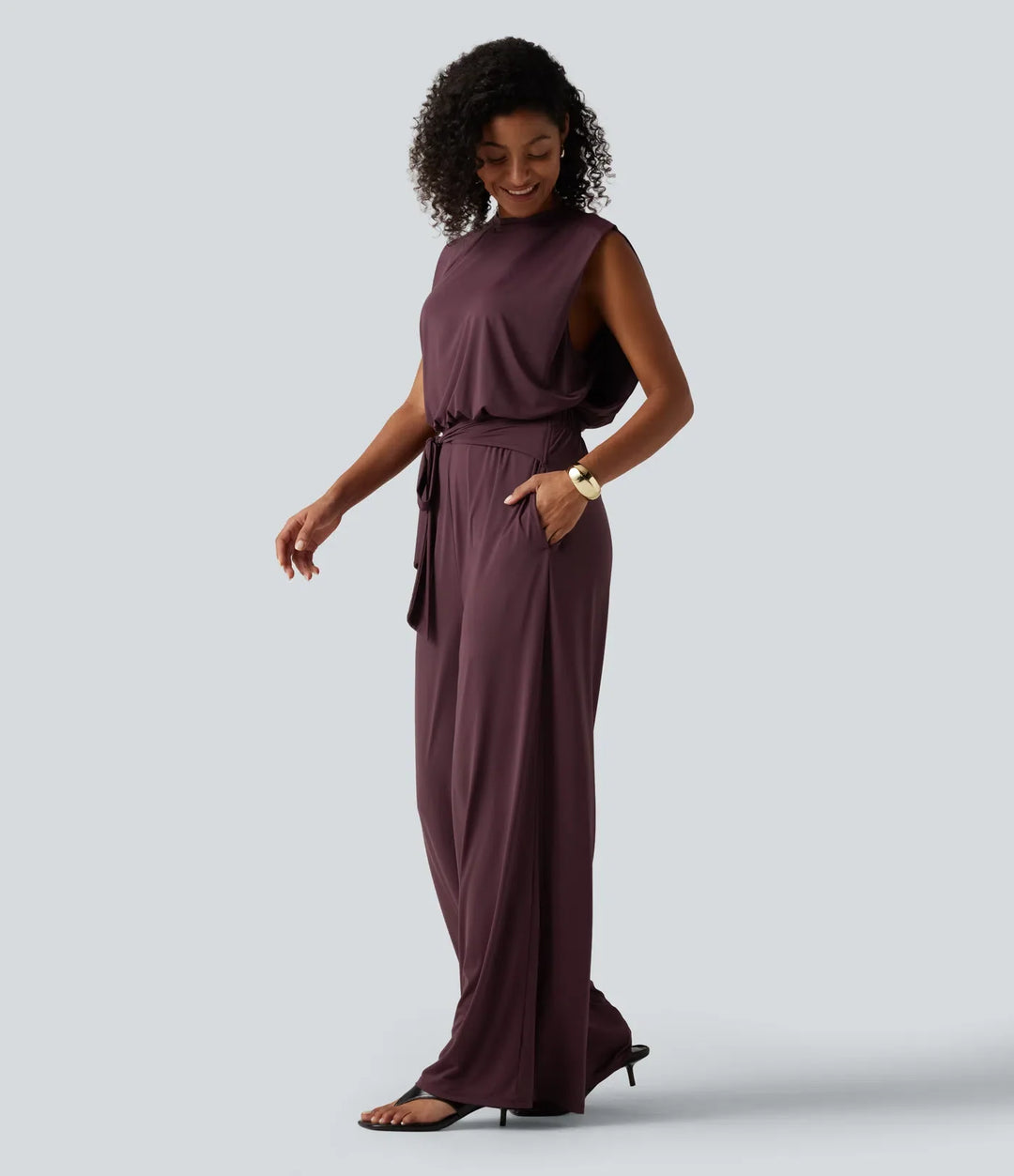 Rund hals ärmlös knytning fram InstantCool vardaglig jumpsuit med fickor-Easy Peezy Edition-UPF50+
