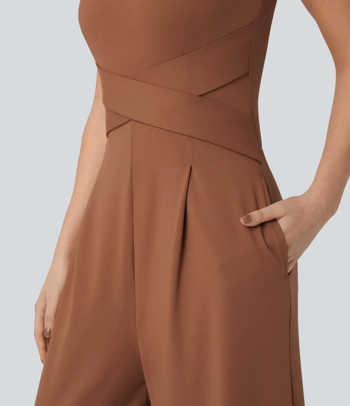 U rygg ärmlös vardaglig jumpsuit med fickor-Easy Peezy Edition