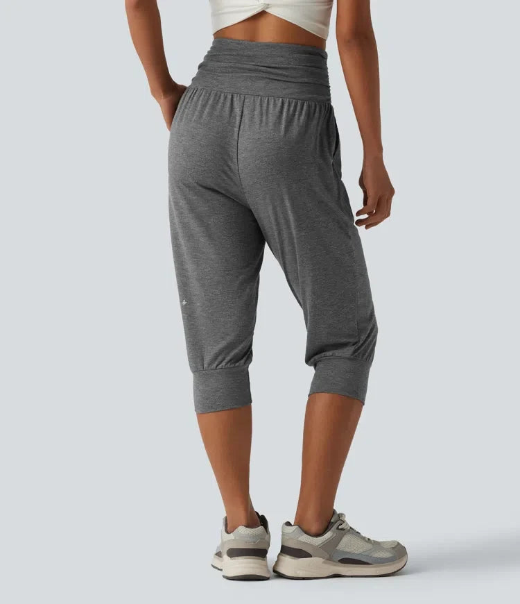 Med hög midja rynklad melerad yoga piratbyxor joggingbyxor med fickor
