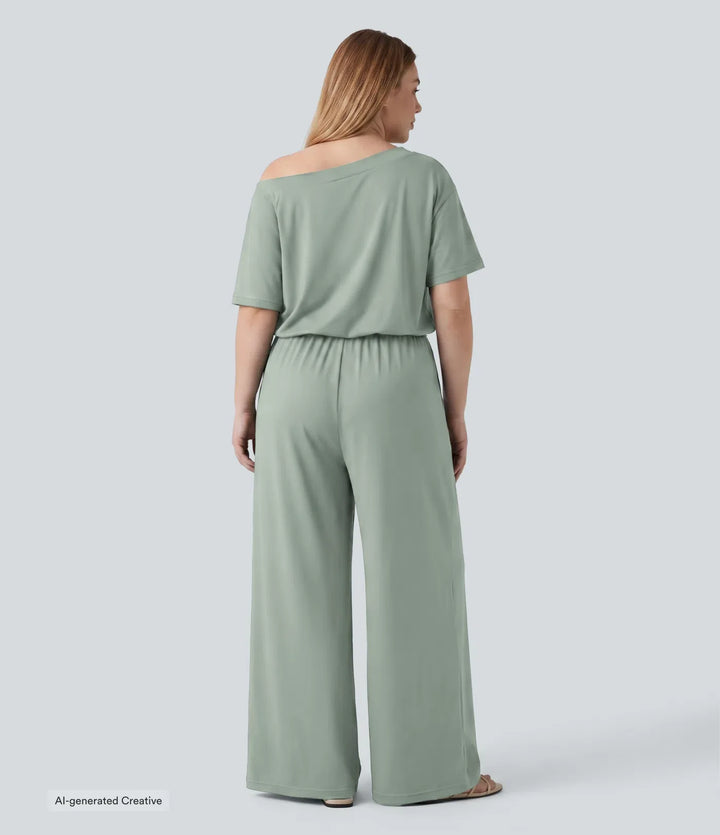 Plusstorlek båtringning kortärmad dragsko baggy jumpsuit för vardag med fickor – Easy Peezy-utgåva