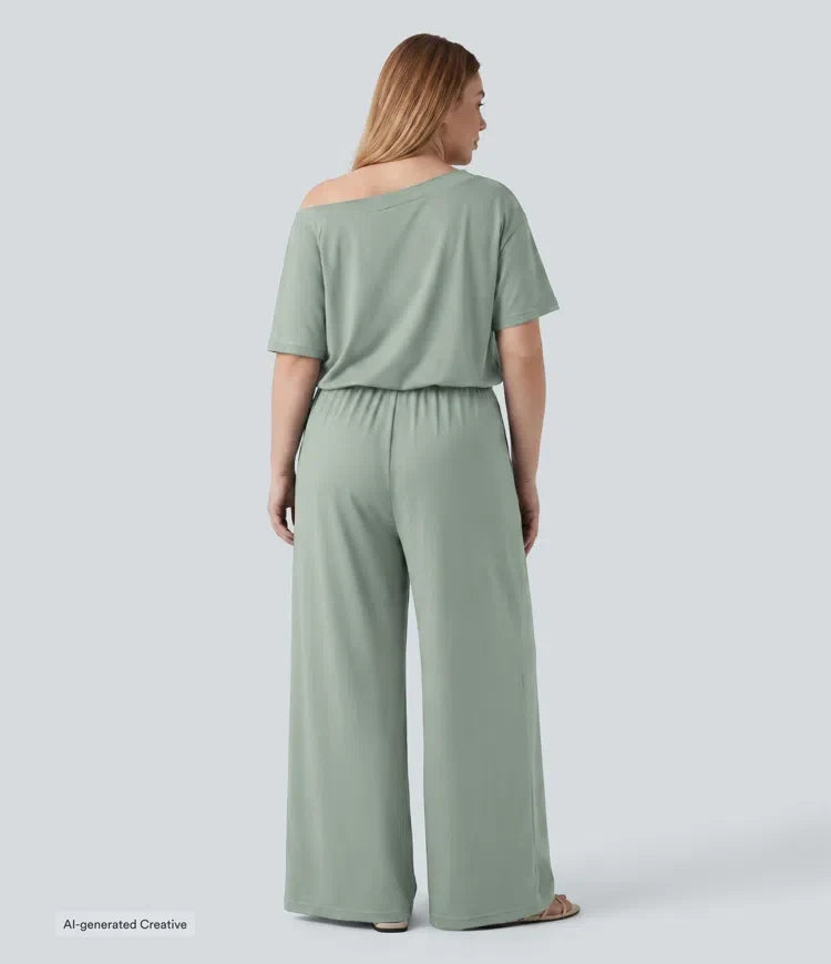 Plusstorlek båtringning kortärmad dragsko baggy jumpsuit för vardag med fickor – Easy Peezy-utgåva