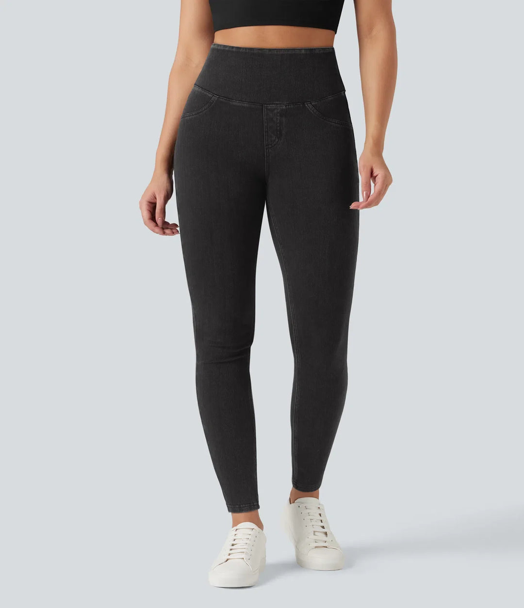 Halara Flex med hög midja och magkontroll denim vardagsleggings med fickor