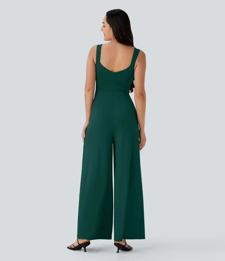 U-formad rygg ärmlös jumpsuit för vardag med fickor