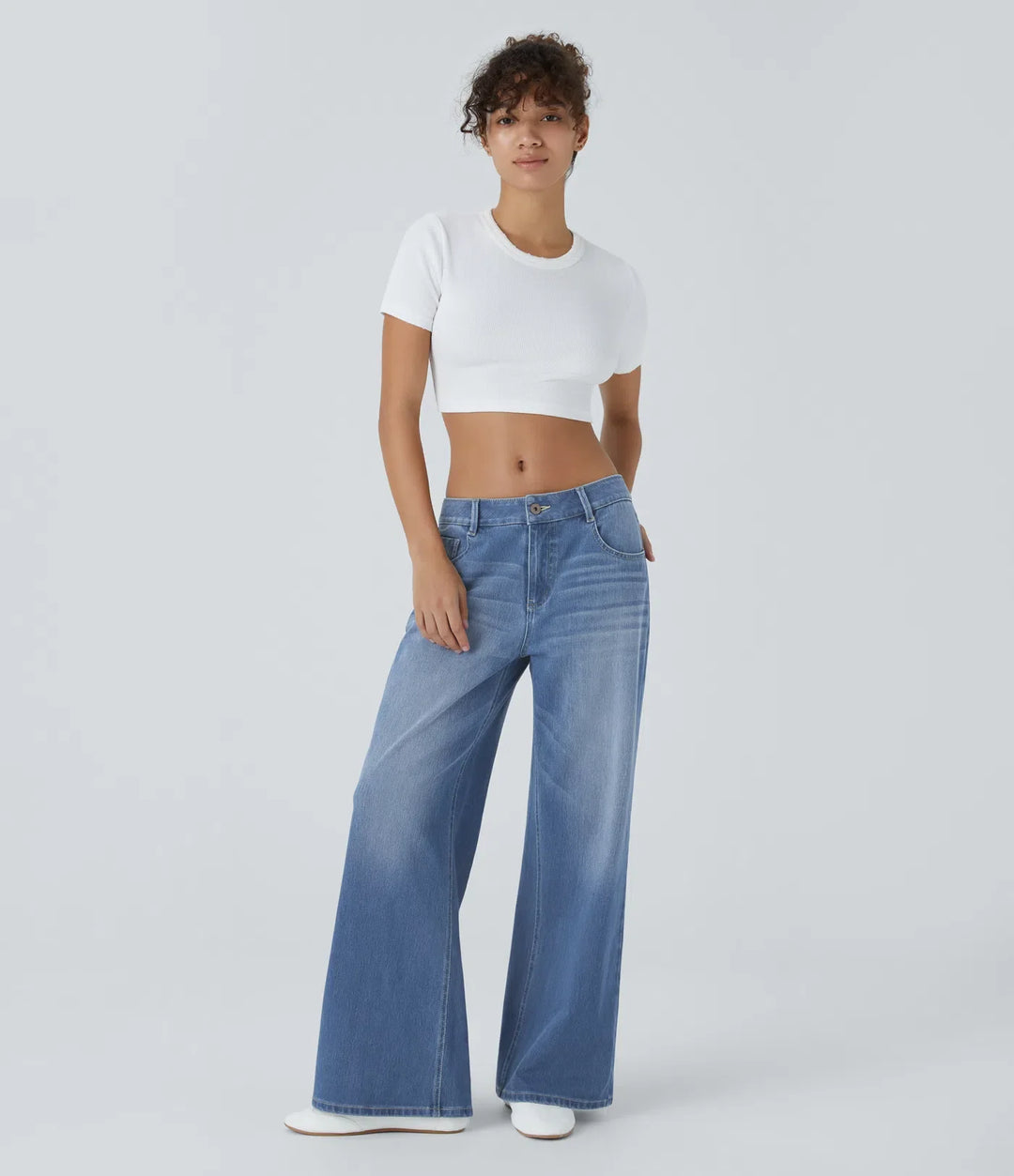 Lyckera Flex låg midja dragkedja fickor tvättad baggy vida ben vardagsjeans