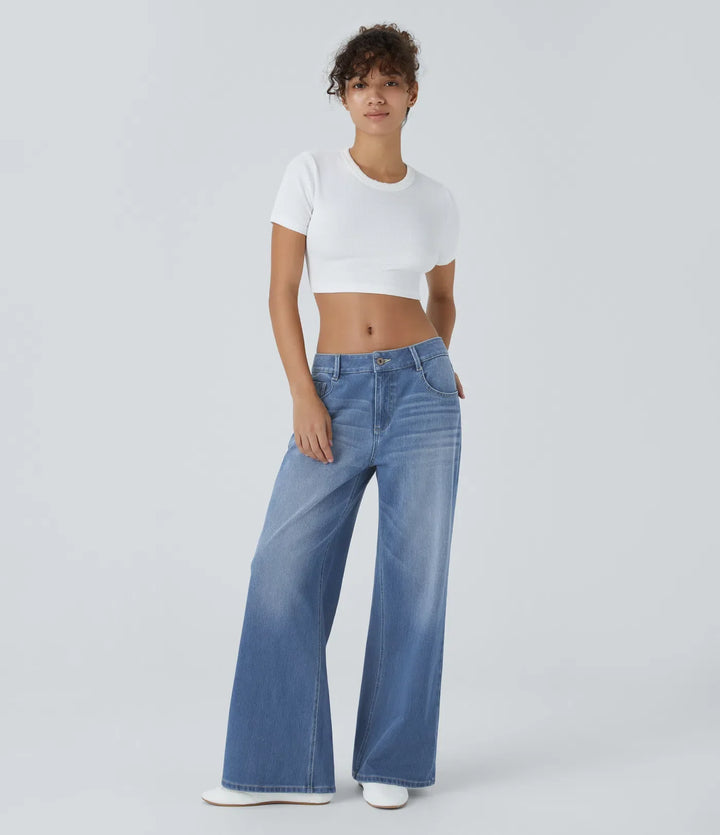 Lyckera Flex låg midja dragkedja fickor tvättad baggy vida ben vardagsjeans