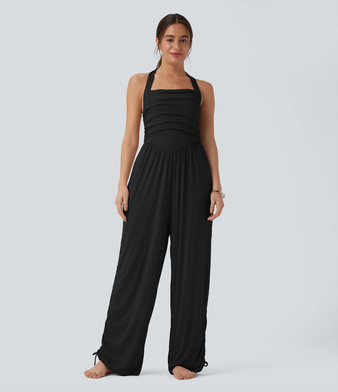Ribbad halterneck knytning i ryggen dragsko resortjumpsuit med fickor