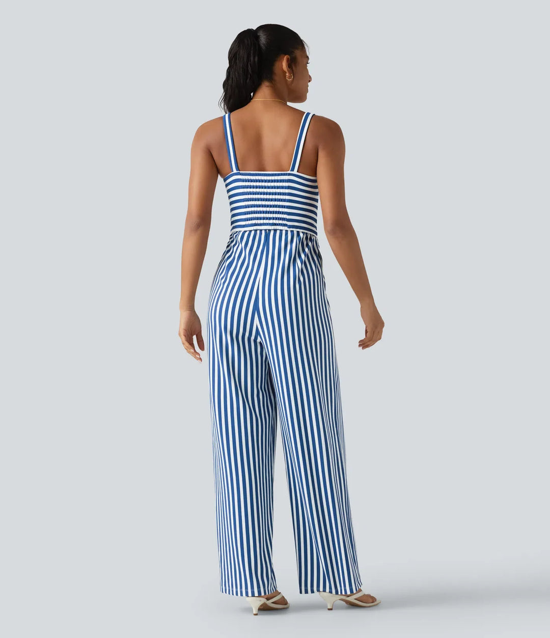 Ärmlös vriden smockad dold dragkedja inbyggd BH ränder våffelstruktur vardaglig jumpsuit med fickor-Easy Peezy