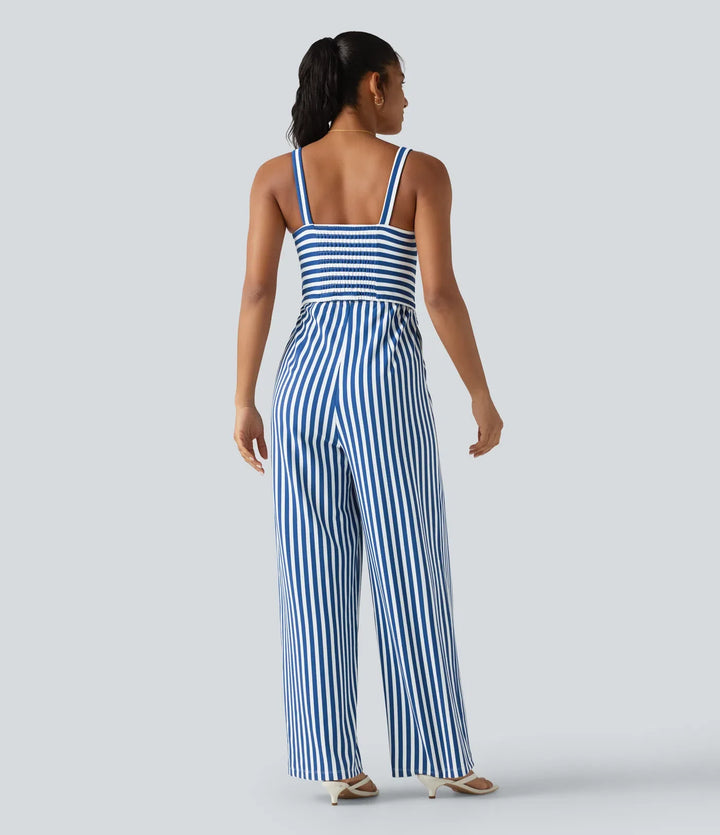 Ärmlös vriden smockad dold dragkedja inbyggd BH ränder våffelstruktur vardaglig jumpsuit med fickor-Easy Peezy