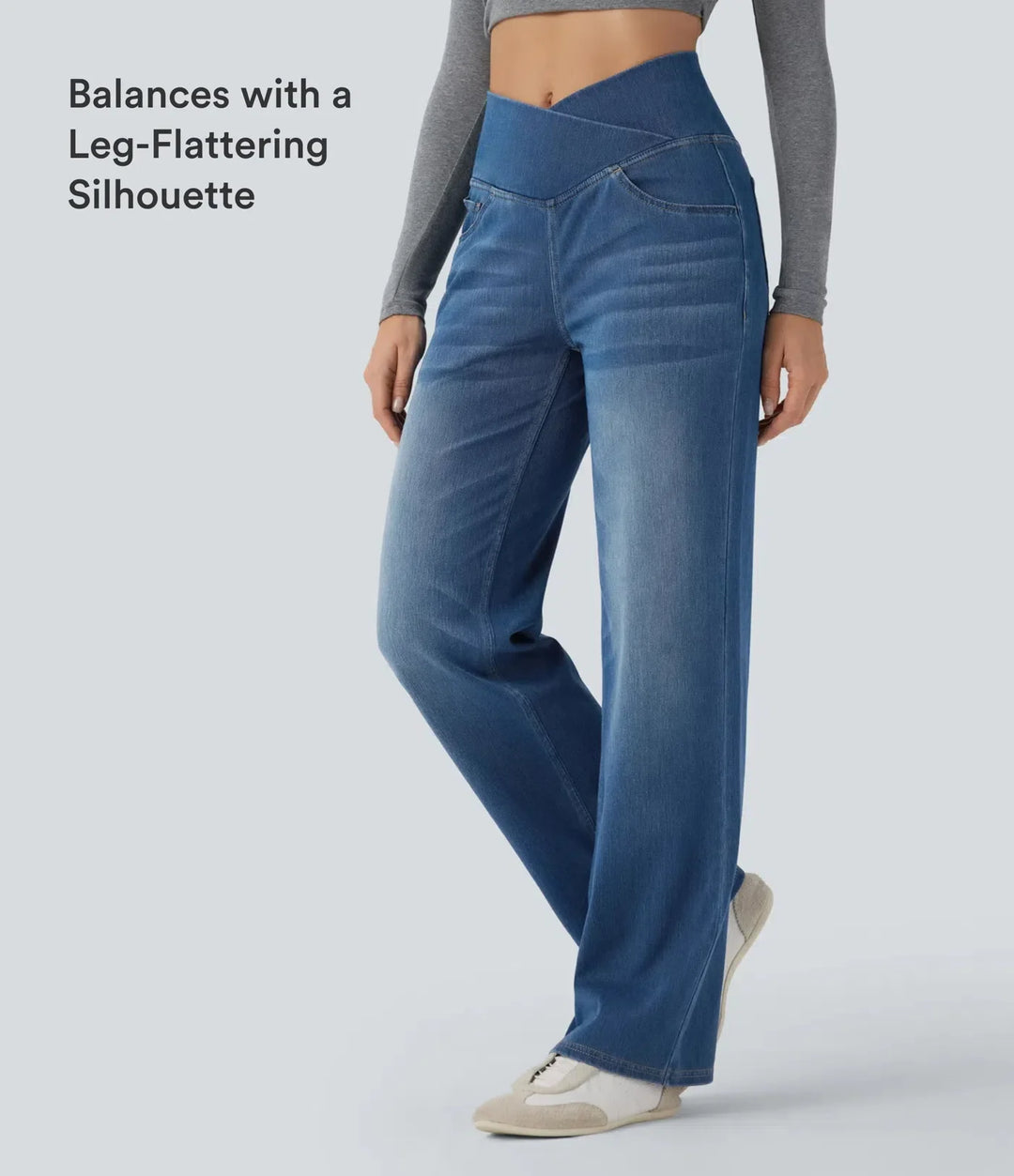Halara Flex omlott med hög midja och magkontroll för vardag raka ben jeans med fickor
