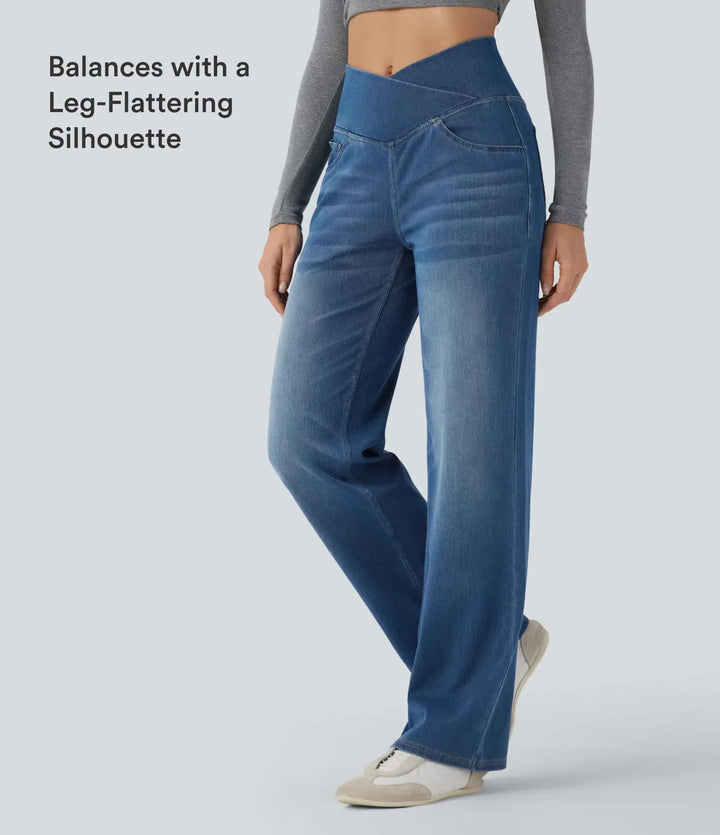 Halara Flex omlott med hög midja och magkontroll för vardag raka ben jeans med fickor