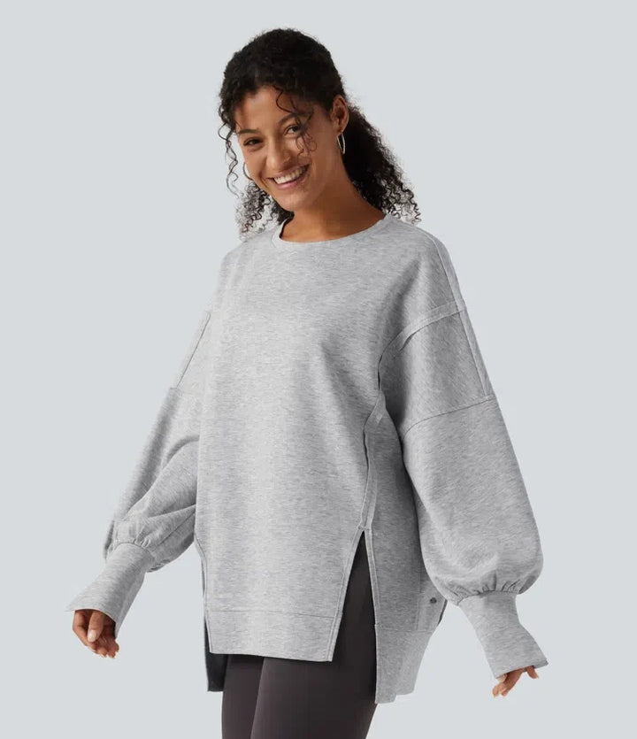 Rund hals nedhasad långärmad slits fåll vardaglig sweatshirt