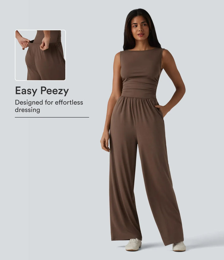 Båtringad ärmlös rynkat vida ben vardaglig jumpsuit med fickor-Easy Peezy Edition
