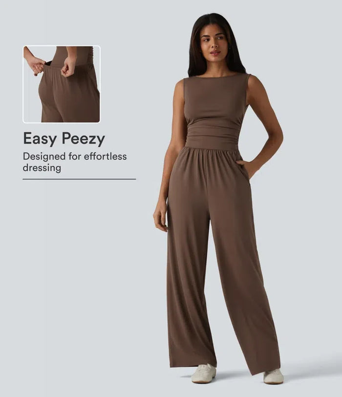 Båtringad ärmlös rynkat vida ben vardaglig jumpsuit med fickor-Easy Peezy Edition