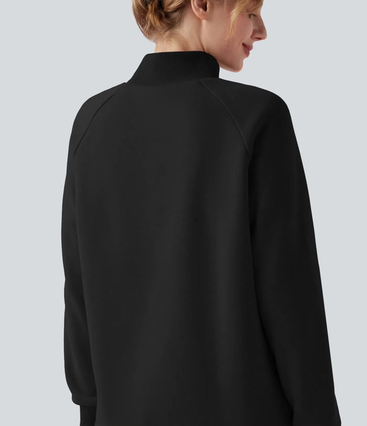 Halvpolo lång raglanärm crossover-fåll fleece vardaglig sweatshirt