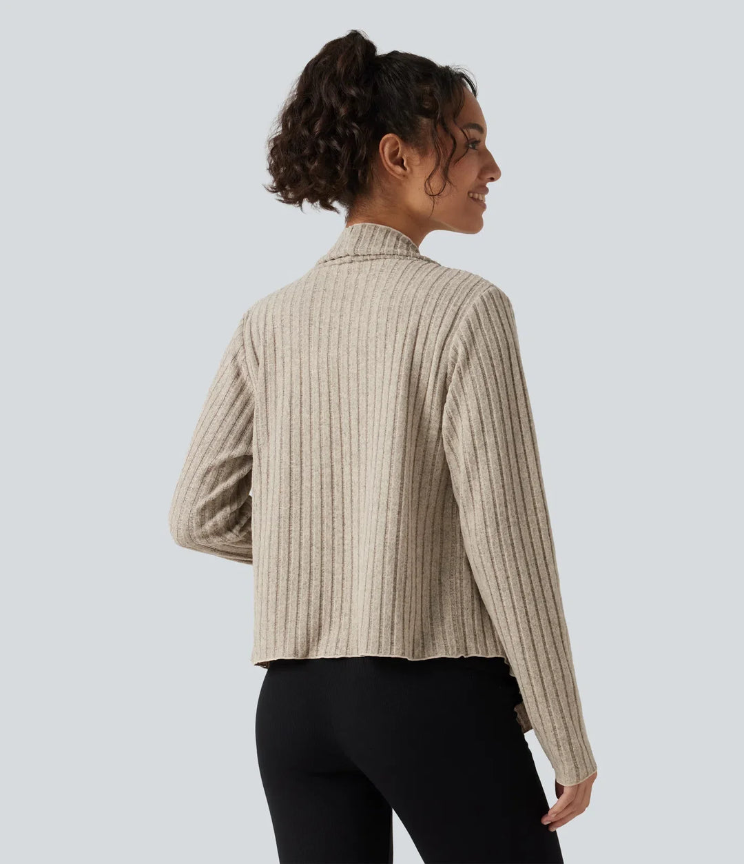 Ribbstickad med krage öppen front långärmad vardaglig cardigan