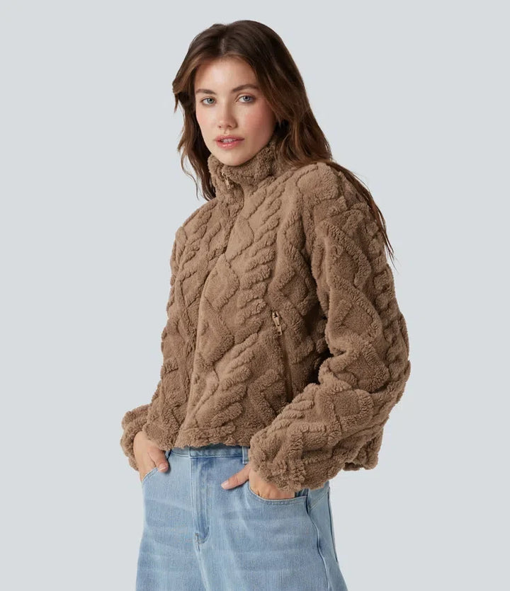 Hög hals dragkedjegylf vardaglig sherpajacka med fickor