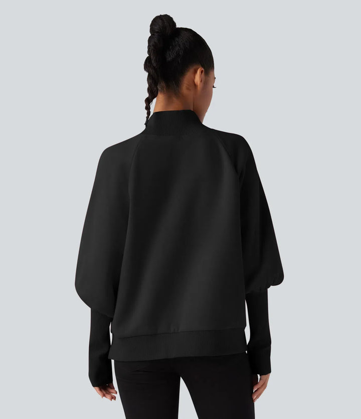 Halvpolo lång bishopärm fleece vardaglig sweatshirt