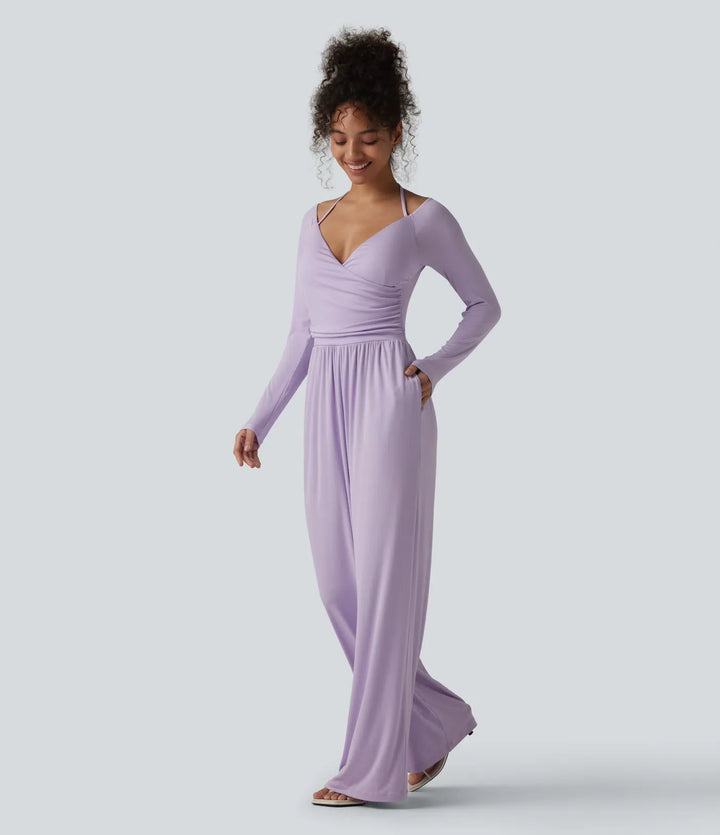 Ribbad halterneck knytning i ryggen bara axlar inbyggd BH långärmad vardaglig jumpsuit med fickor