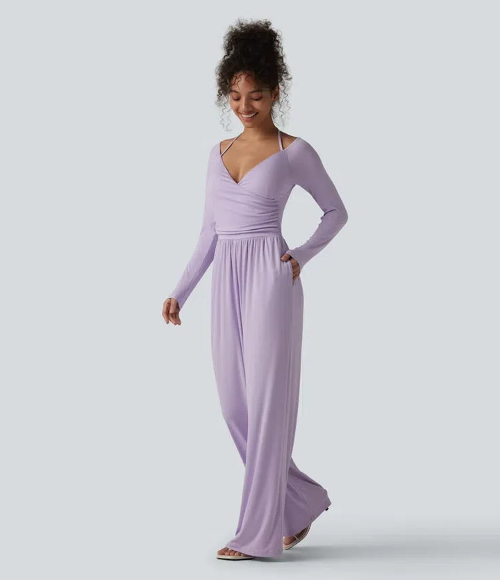 Ribbad halterneck knytband i ryggen bara axlar inbyggd bh långärmad jumpsuit för vardag med fickor