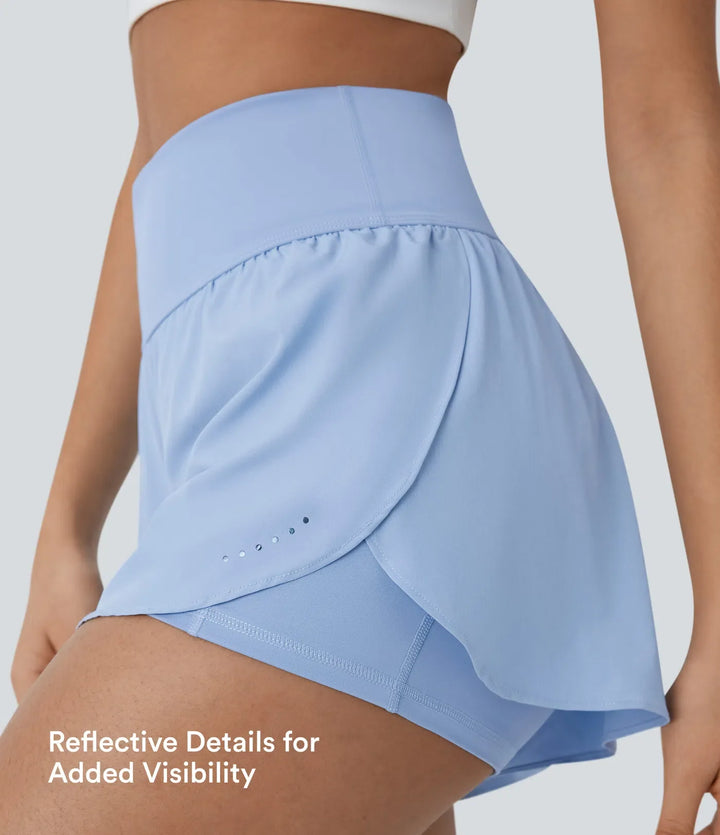 SoftlyZero snabbtorkande med hög midja och magkontroll reflekterande prickar omlott fåll 2-i-1 löpning shorts 3&