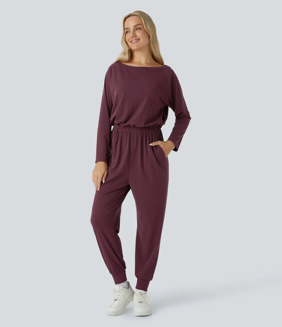 Bara axlar långärmad ficka våffelstruktur vardaglig jumpsuit