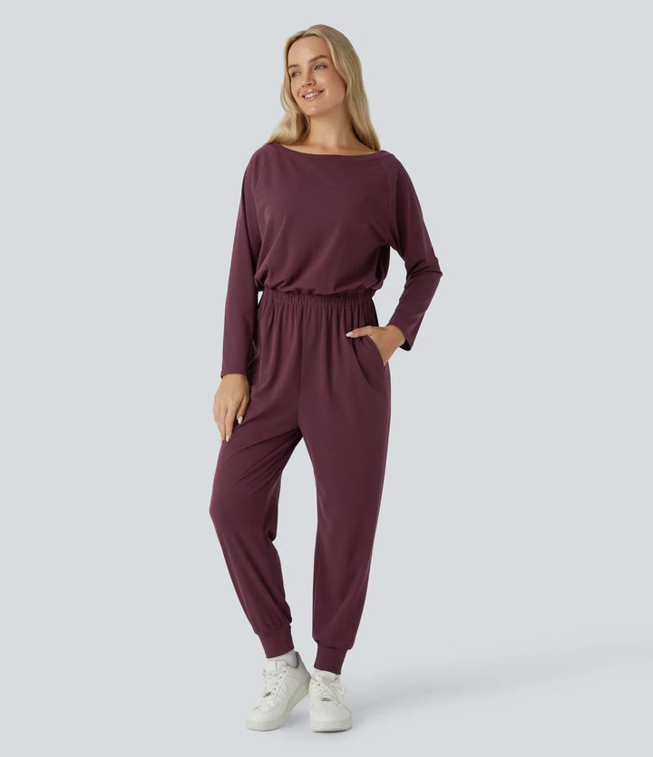 Bara axlar långärmad ficka våffelstruktur vardaglig jumpsuit