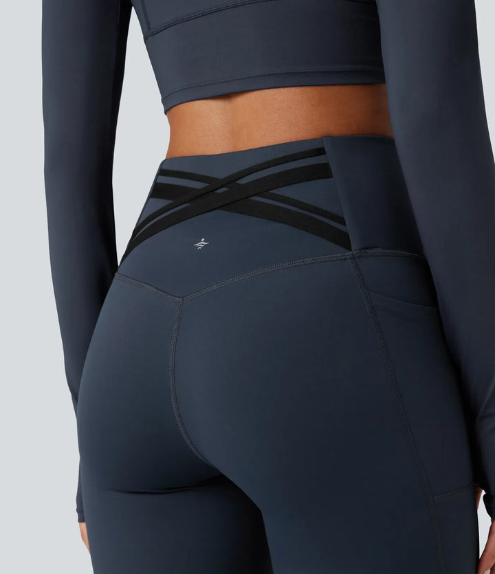 Halara Ultrasculpt Heat med hög midja och magkontroll omlott bak fleece löparleggings med fickor
