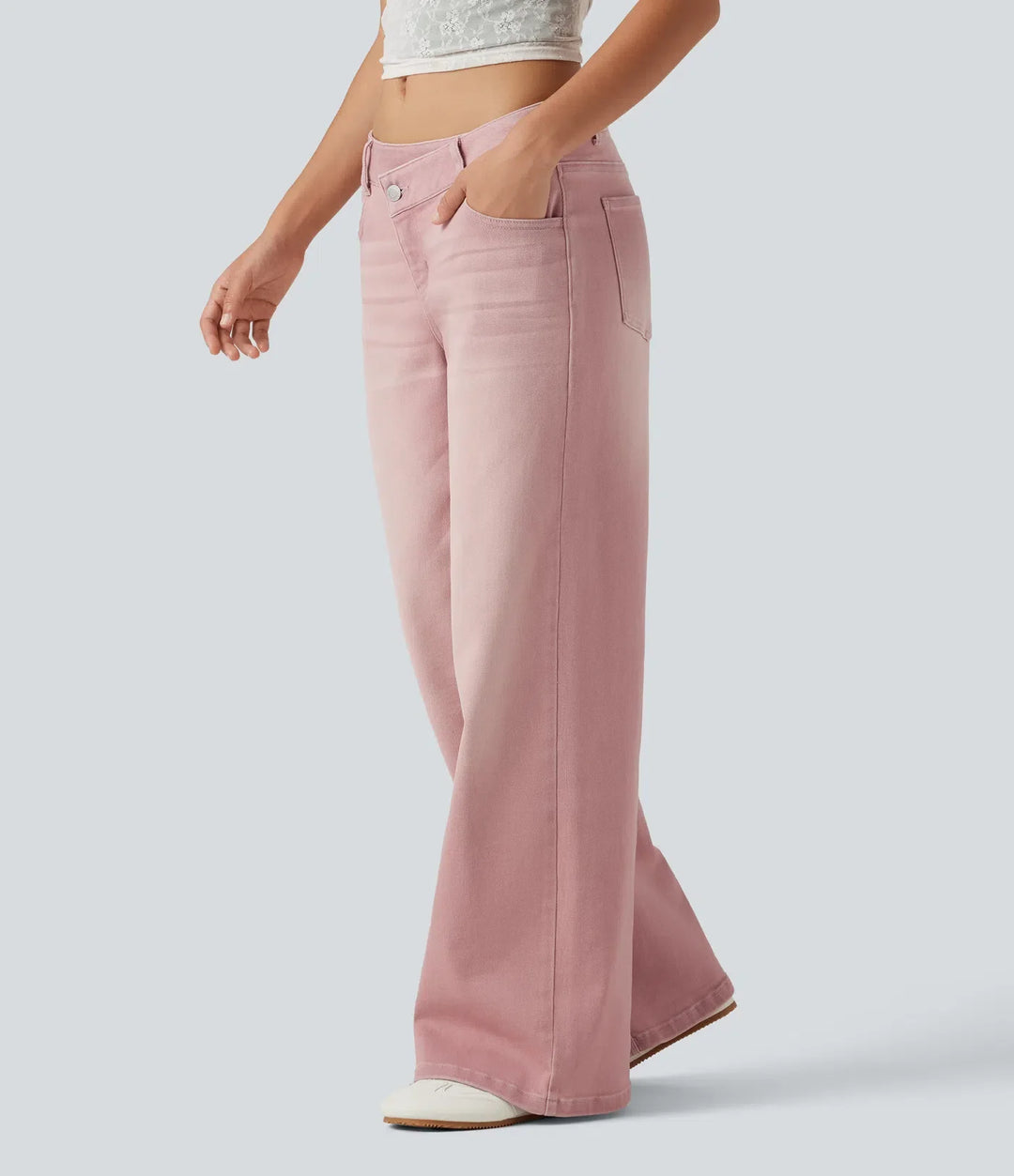 Låg midja asymmetrisk vida ben färgstark vardagsjeans med fickor