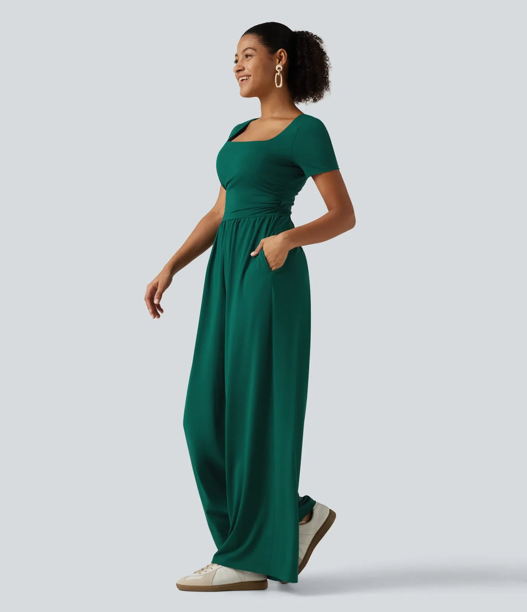 Fyrkantig halsringning kortärmad vida ben vardaglig jumpsuit med fickor - Easy Peezy Edition