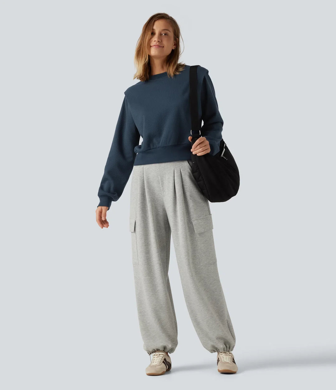 Rund hals långärmad våffelstruktur vardaglig sweatshirt