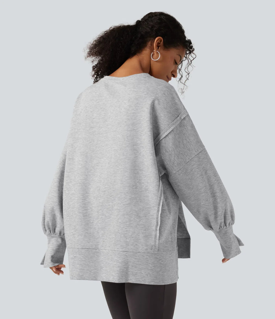 Rund hals nedhasad långärmad slits fåll vardaglig sweatshirt