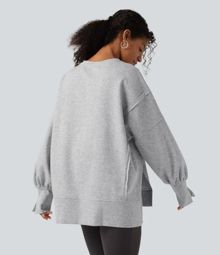 Rund hals nedhasad långärmad slits fåll vardaglig sweatshirt