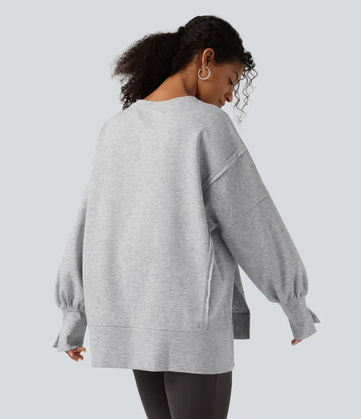 Rund hals nedhasad långärmad slits fåll vardaglig sweatshirt