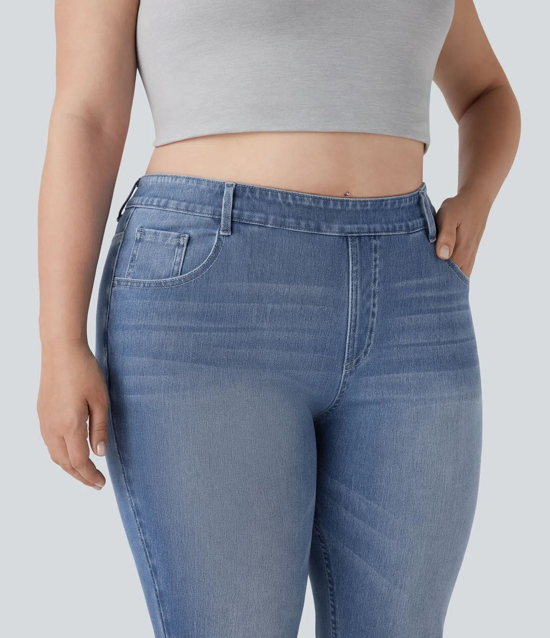 Plusstorlek Halara Flex med hög midja tvättad för vardag bootcut jeans med fickor