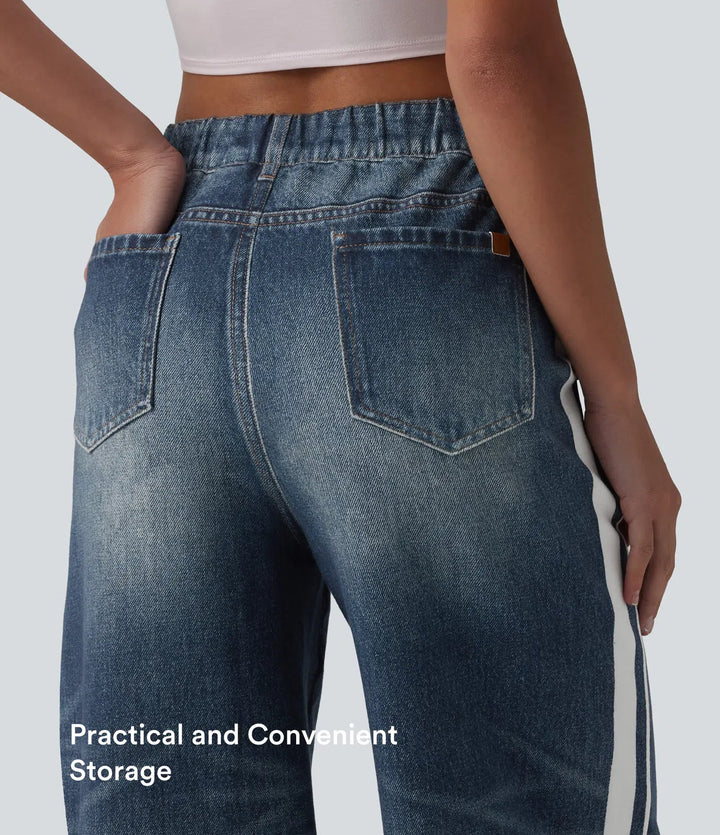 Medelhög midja denim mönster frotté randig vardaglig mjukisbyxor jeans med fickor