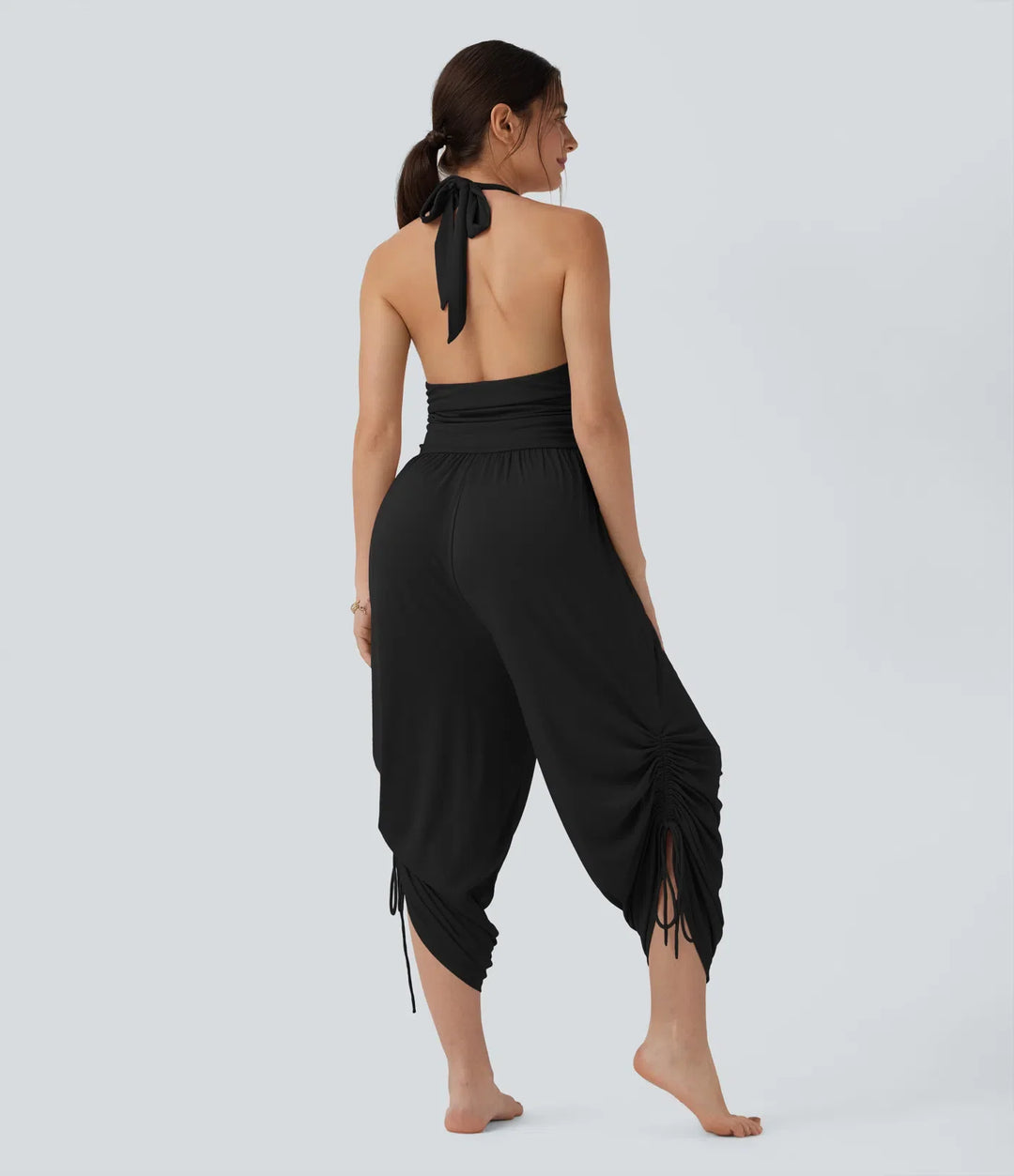 Ribbad halterneck knytning i ryggen dragsko resortjumpsuit med fickor