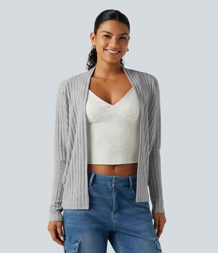 Ribbstickad öppen front lång fladdermusärm vardaglig cardigan