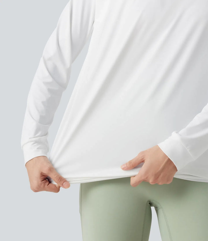 Rund halsringning långärmad rynklad InstantCool sporttopp för yoga – längre modell – UPF50+