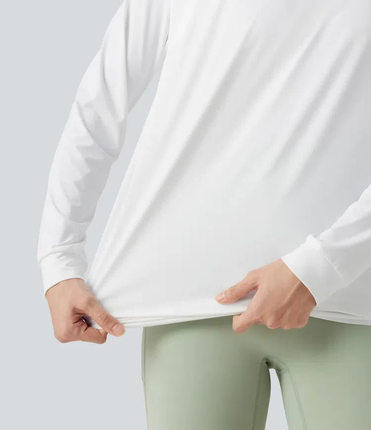 Rund halsringning långärmad rynklad InstantCool sporttopp för yoga – längre modell – UPF50+
