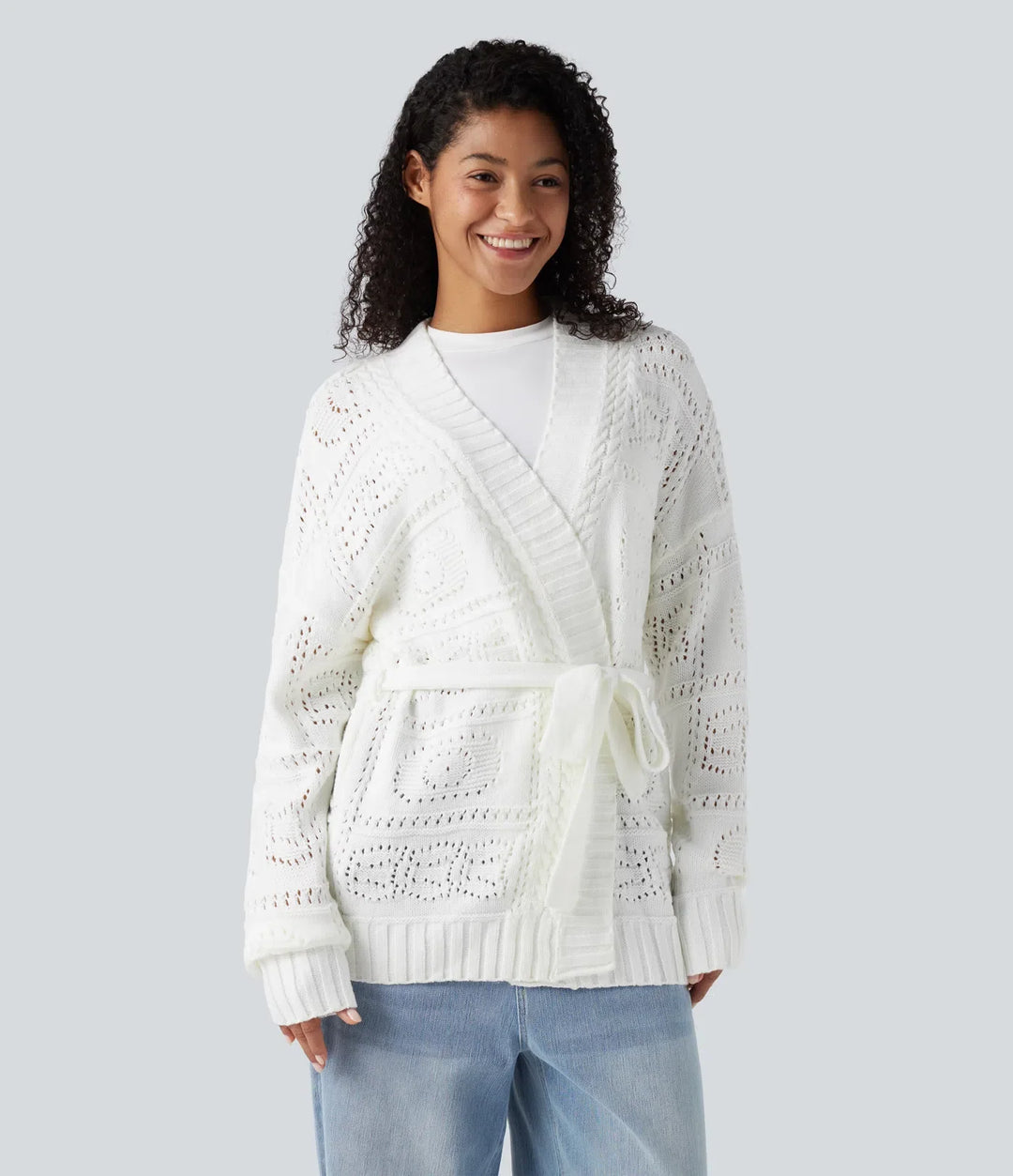 Öppen front långärmad bältad tröja stickad vardaglig cardigan