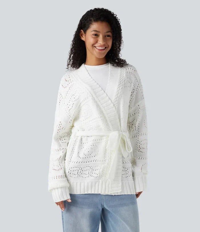 Öppen front långärmad bältad tröja stickad vardaglig cardigan