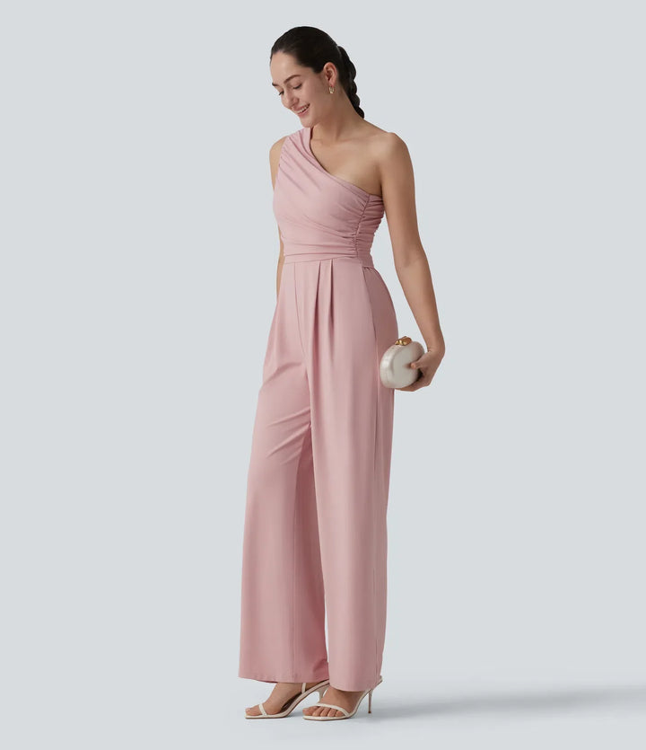 Enaxlad ärmlös rynkat inbyggd BH vardaglig jumpsuit med fickor-Easy Peezy