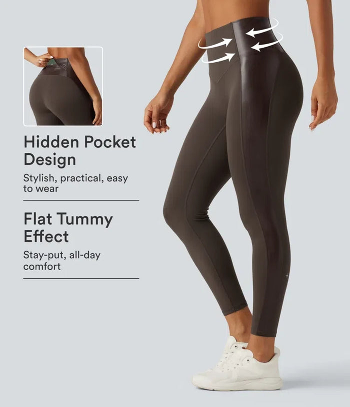 Lyckera UltraSculpt högmidjad stretchig PU magkontroll yogaleggings med ficka