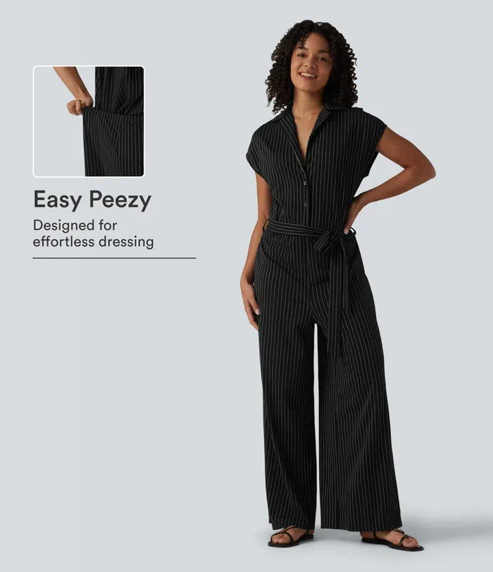 Kortärmad bältad randig InstantCool arbetsskjorta jumpsuit med fickor-Easy Peezy Edition