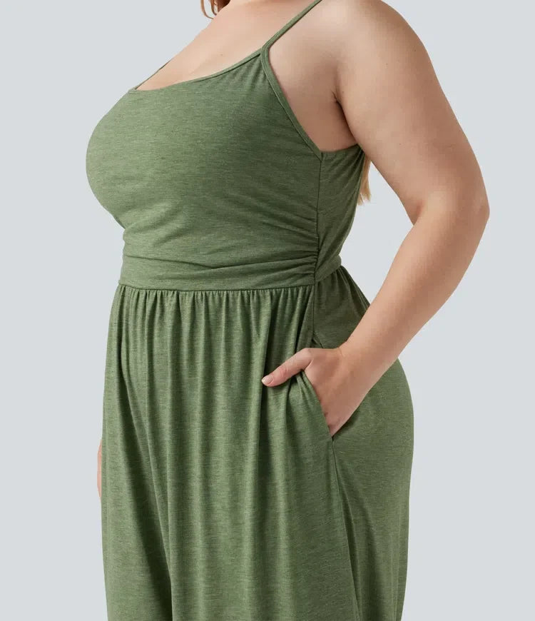 Plusstorlek inbyggd bh rynklad vida ben melerad jumpsuit för vardag med fickor – Easy Peezy-utgåva