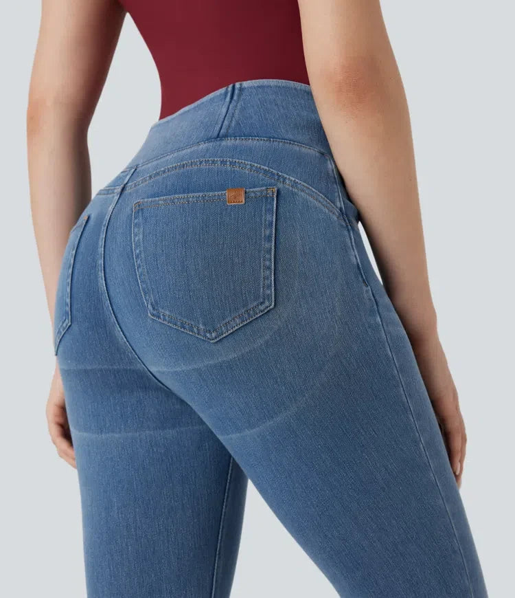 Halara Flex med hög midja rumplyftande magkontroll smal denim för vardag 7/8 leggings med fickor