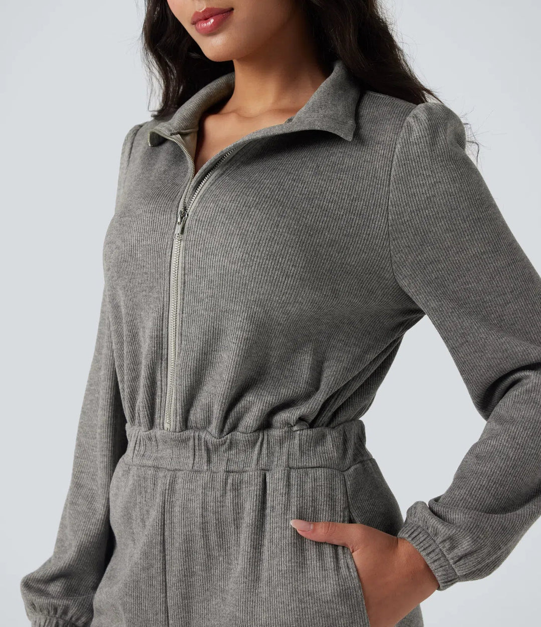 Halv dragkedja långärmad vida ben vardaglig jumpsuit med fickor-Easy Peezy Edition