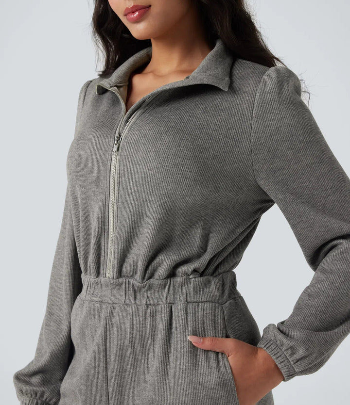 Halv dragkedja långärmad vida ben vardaglig jumpsuit med fickor-Easy Peezy Edition