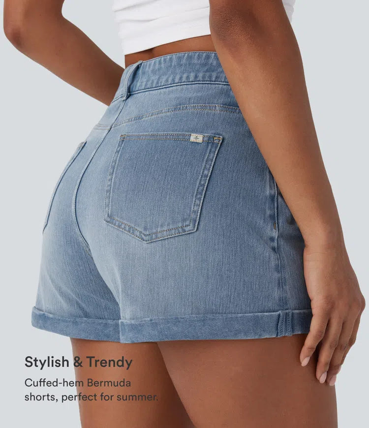 Halara Flex med medelhög midja dragkedja fickor denim vardagsshorts 3&