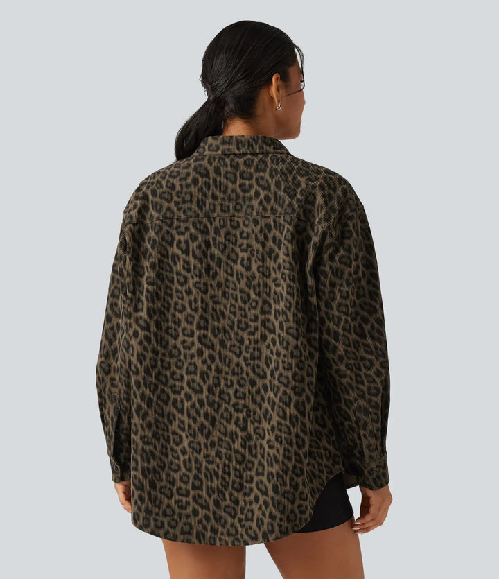 Leopardmönster långärmad manchester vardaglig skjortjacka med ficka